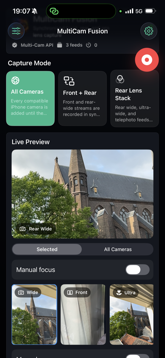 MultiCam Fusion live multi-camera preview screen