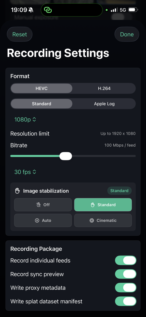Recording settings and stabilization controls